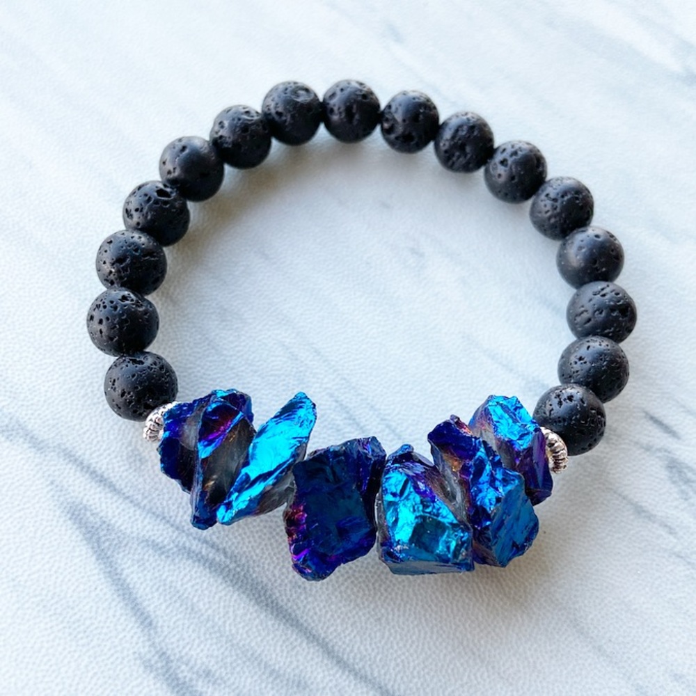 Blue Druzy Bracelet . Lava rock oil diffuser beads & blue druzy quartz stones - Picture 2 of 9